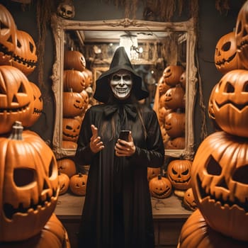 A woman dressed in a black robe and mask is holding a phone surrounded by pumpkins. She looks scary and mysterious, it's likely a halloween costume.