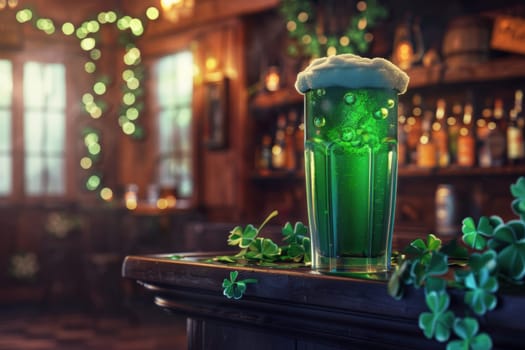 A st. patrick's day card featuring a pint of green beer on a bar counter, surrounded by shamrock decorations. soft lighting enhances the lively pub atmosphere, capturing the festive spirit.