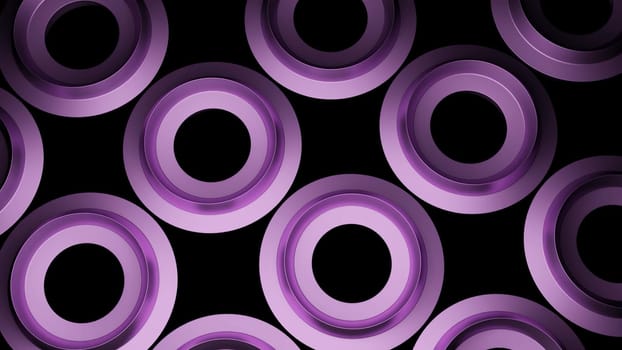 3D rings with hypnotic effect. Design. 3D nuts pulsing and hypnotizing on black background. Nuts or rings with metallic sheen rotate hypnotically.
