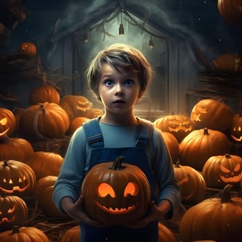 A young boy dressed in a blue overalls costume holds a carved pumpkin with a spooky face, surrounded by many other pumpkins, creating a magical halloween atmosphere