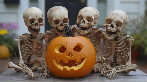 Four skeletons sit with a jack-o-lantern on a wooden table.