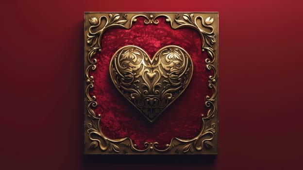 Luxurious greeting card design featuring a rich velvet red background and an intricate ornamental gold heart. perfect for expressing deep affection and elegance, ideal for valentine's day or romantic occasions.