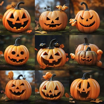 Nine jack-o'-lanterns with smiling faces, carved and arranged in a grid pattern, set against a background of autumn leaves and fall foliage.