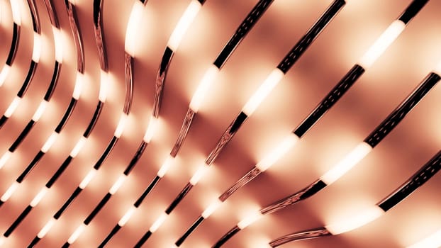 Moving luminous stripes in tubes. Design. Background of curved tubes on surface with luminous strokes. Moving luminous strokes move in tubes.