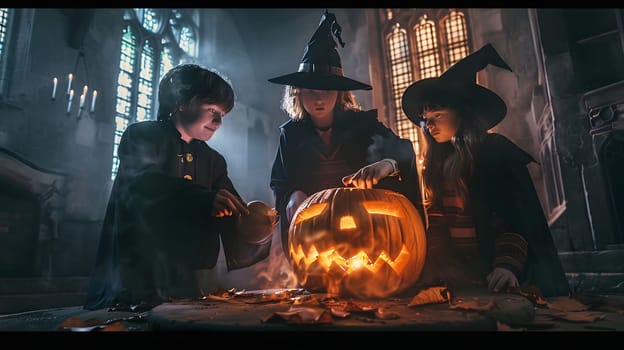Three children dressed in witch costumes stand around a jack-o-lantern in a dimly lit room. They are having fun celebrating Halloween.