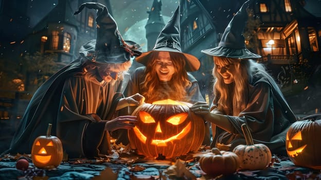 Three witches gather in a mysterious setting, surrounded by pumpkins and jack-o-lanterns, ready to celebrate Halloween.