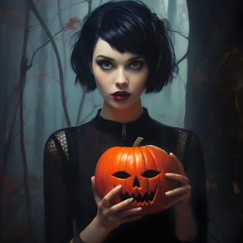 A woman with short black hair stands in a dark forest holding a carved pumpkin. The image is spooky and mysterious.