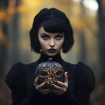 A mysterious woman with black hair and dark eyes holds a glowing, carved pumpkin in a dark forest setting.