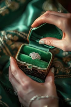 A close-up view of a traditional irish claddagh ring with intricate details, symbolizing love and friendship. set in a green satin-lined jewelry box adorned with shamrock motifs, it reflects cultural heritage.