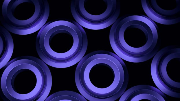 3D rings with hypnotic effect. Design. 3D nuts pulsing and hypnotizing on black background. Nuts or rings with metallic sheen rotate hypnotically.