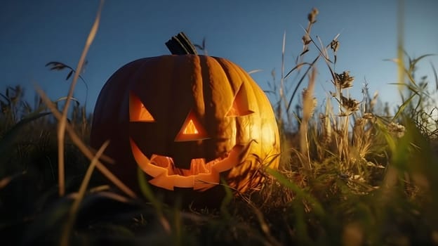 A close-up shot of a lit jack-o'-lantern in a field of tall grass. The pumpkin's grinning face is illuminated from within, casting a warm glow against the darkening sky.