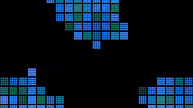 Retro background with moving mosaic squares on black background. Design. Colored squares randomly move on black background. Retro game background with squares.