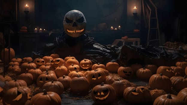 Jack-O'-Lantern surrounded by pumpkins in a dimly lit, spooky setting.