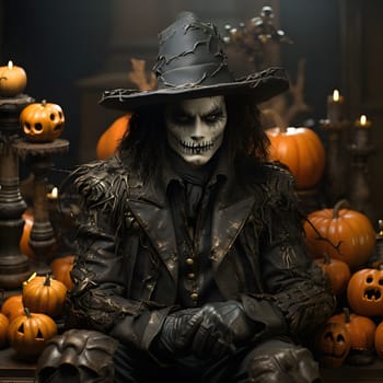 A person in a spooky Halloween costume with a skeleton face paint.
