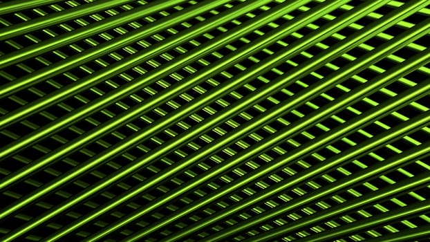 Green straight crossed metal tubes on a black background. Motion. Green field of crossed stripes