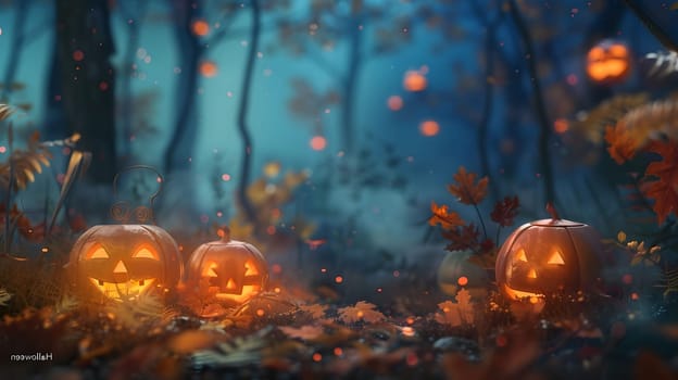 Lit jack-o'-lanterns in the dark spooky forest on a Halloween night