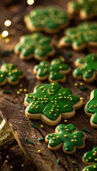 Shamrock-shaped sugar cookies topped with vibrant green icing and gold sprinkles sit on a rustic wooden table adorned with festive st. patrick's day decorations, creating a cheerful and inviting holiday scene.