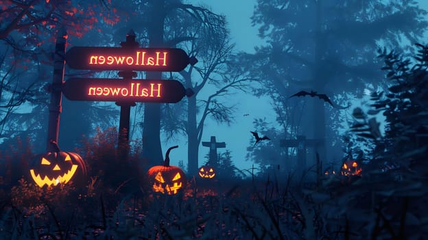 A spooky path through a dark forest lit by glowing jack-o-lanterns. The path leads toward a sign that reads 'Halloween' with spooky crosses and bats in the background.