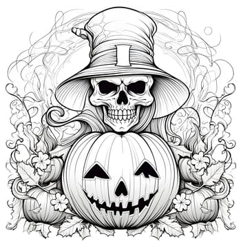 A detailed illustration of a skull wearing a hat, holding a jack-o-lantern with a sinister grin, surrounded by leaves and pumpkins for a spooky Halloween theme