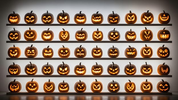 A row of jack-o-lanterns lit up on a shelf, celebrating Halloween.