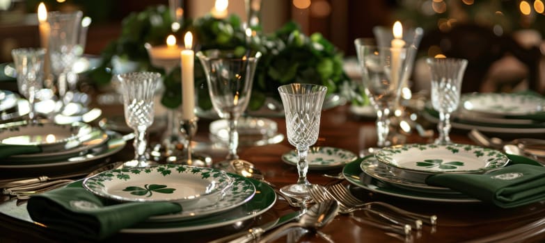 Elegantly arranged st. patrick's day dining table with crystal glasses, green napkins, and shamrock-patterned plates. the sophisticated setting features candlelight, offering a warm, festive atmosphere in a dining room.