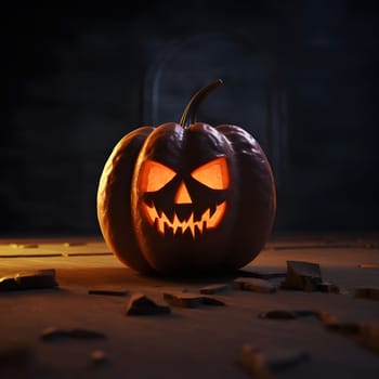 A carved jack-o-lantern pumpkin with a spooky, glowing face sits on a wooden floor in a darkened room. The pumpkin is a classic Halloween symbol, adding a touch of spooky fun to the holiday.
