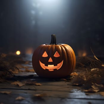 A jack-o'-lantern sits on a dark forest floor glowing with a warm candlelight, illuminated against a backdrop of leaves. The image evokes a sense of mystery and Halloween spirit.