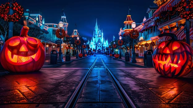 A view down Main Street, U.S.A., at the Magic Kingdom in Walt Disney World during the Halloween season.