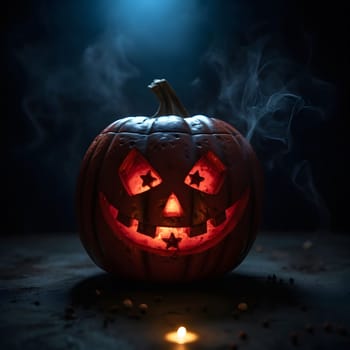 A close-up shot of a jack-o'-lantern with a spooky grin, illuminated with a glowing candle. The pumpkin sits on a dark surface, shrouded in swirling smoke, creating an eerie Halloween atmosphere.