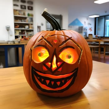 A close-up of a jack-o-lantern with a carved spooky face, glowing from the inside, ready for Halloween festivities.