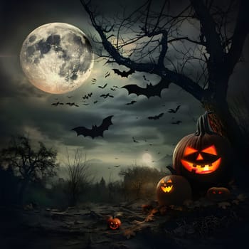A spooky Halloween scene with jack-o'-lanterns and bats silhouetted against a dark forest under a full moon. The image evokes a sense of mystery and eerie beauty.