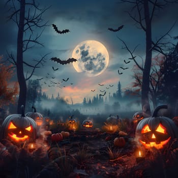 A spooky Halloween night scene with jack-o-lanterns in a forest under a full moon and bats flying in the sky.