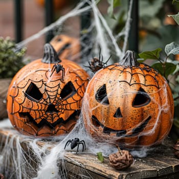 Two carved pumpkins with spiderwebs, one of the pumpkins has a spider on it