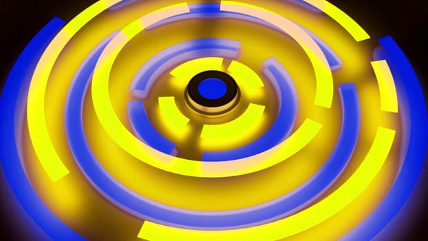 Abstract yellow and blue spinning detail of a machine, seamless loop. Design. Spinning part of a mechanism