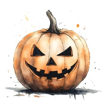 A watercolor illustration of a jack-o'-lantern, a pumpkin carved with a spooky smile, perfect for Halloween decorations.