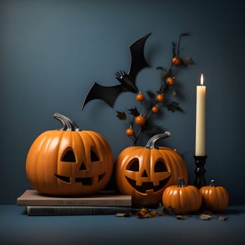 Close up of three pumpkins, lit by candlelight, surrounded by Halloween decorations. The pumpkins are carved into jack-o-lanterns with smiling faces.