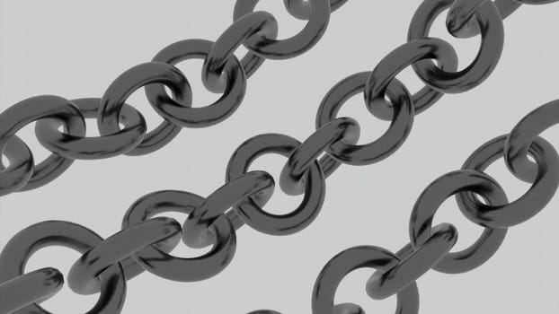 Three rows of metal silver chains moving isolated on a beige background. Design. Moving 3 d chains, seamless loop