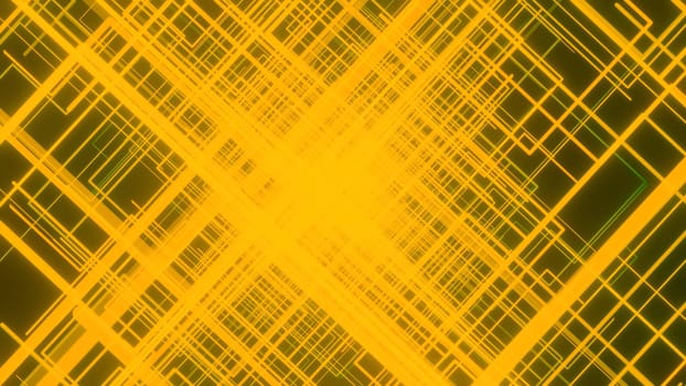 Animation with rotating square tunnel. Design. Neon linear squares in rotating tunnel. Beautiful dizzying tunnel of neon squares.
