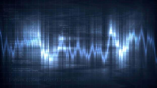 Electric light wave line. Motion. Bright glowing line moves with wave vibrations. Wavy line moves and glows.