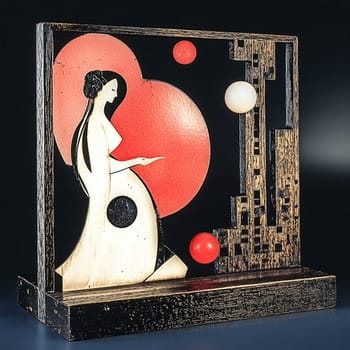 Intricate wood intarsia depicting a woman in profile holding a bird, with a cityscape and stylized red sun in the background, in the style of 1920s art deco design