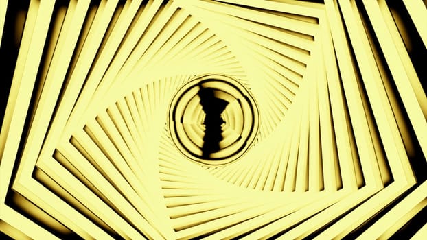 Yellow tunnel with corners. Design.Golden background in animation that moves quickly from the inside. High quality 4k footage
