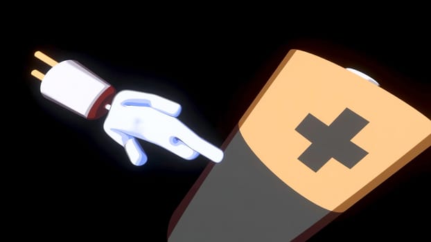 3D animation with moving battery. Design. Conceptual animation with battery and socket. Socket Man walks on rotating battery.