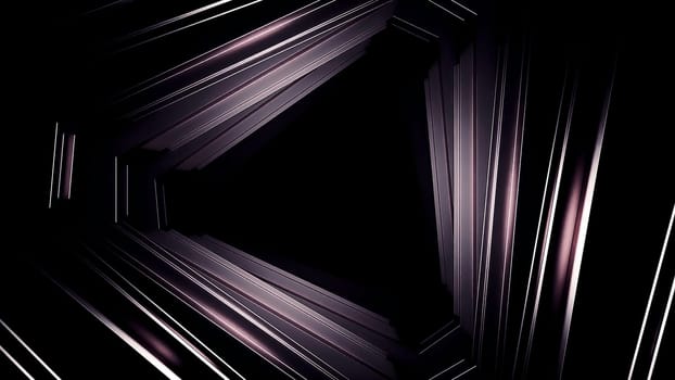Dark triangular tunnel moving into the distance, abstract geometric background. Design. Abstract metal glow, long tunnel