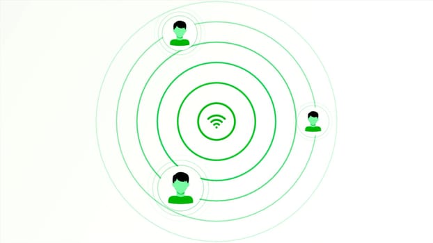 Wi-Fi sign and wave signal. Motion. Animation with Wi-Fi distribution signal. Signal waves from Wi-Fi sign and appearance of user icons.