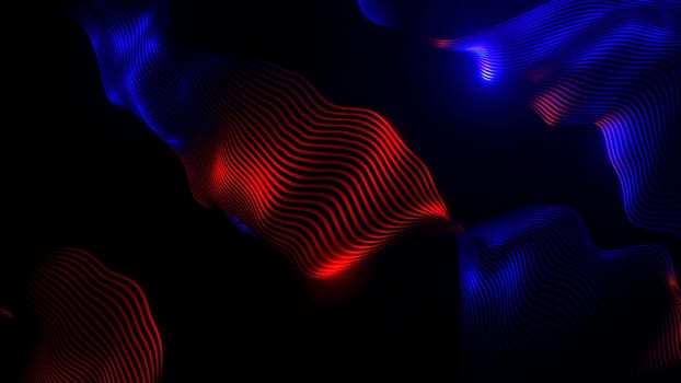 Wavy fabric stripes move in space. Design. Beautiful curved strip moves in waves from lines. Shining beautiful band of wavy lines.