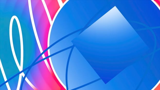Animation with lines, circle and square appearing. Motion. Curved lines are drawn on colorful background with geometric shapes. Square in circle with place to insert.