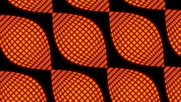 Bright black background. Design.Yellow and orange are large particles that are highlighted by a grid in the animation that are moving forward. High quality 4k footage