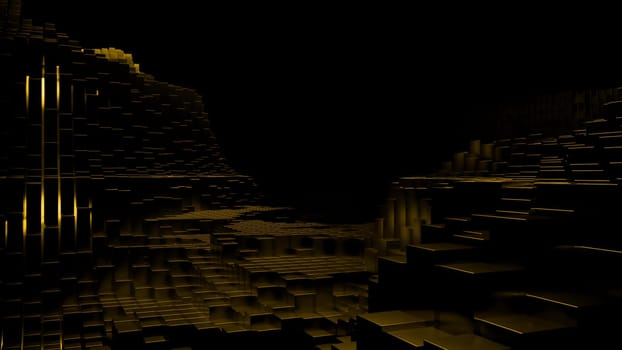 Gray and yellow background. Design.Dark three-dimensional walls of bricks in 3d animation that move with these deposits inside to the dark. High quality 4k footage
