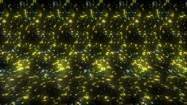 Bright shimmering squares on modern background. Motion. A lot of pixel squares glow in space. Mosaic pixel background in disco style.