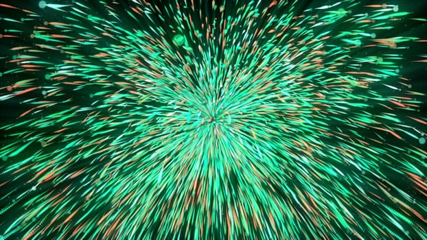 Colorful explosive flow with moving lines and particles. Motion. Luminous bright stream of energetic particles from point. Explosive ceiling of colorful glowing energy.
